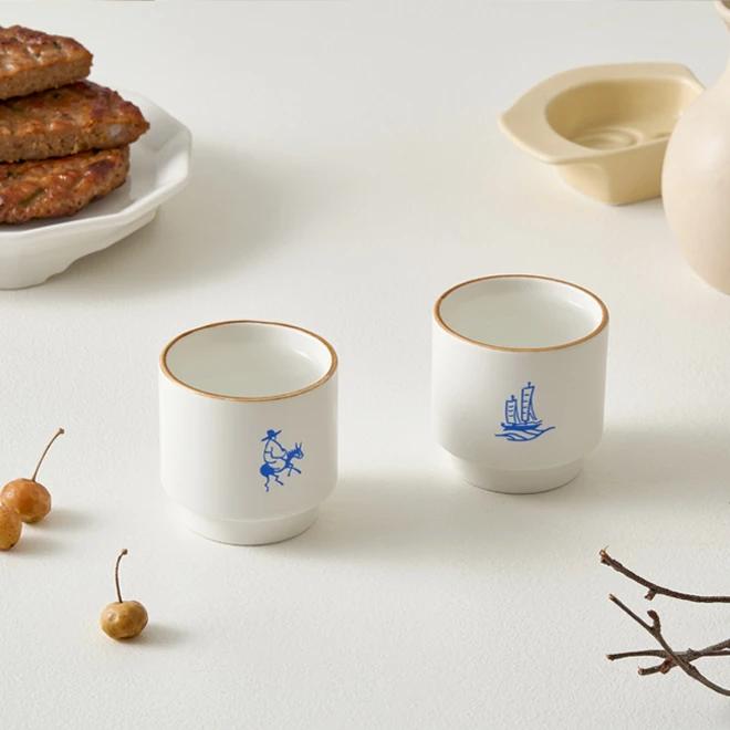 Ceramic Cup Set with Realistic Landscape Paintings from Joseon Dynasty