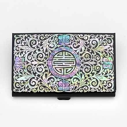 Mother-of-Pearl Inlaid Lacquerware Business Card Holder (Black with Floral Pattern)