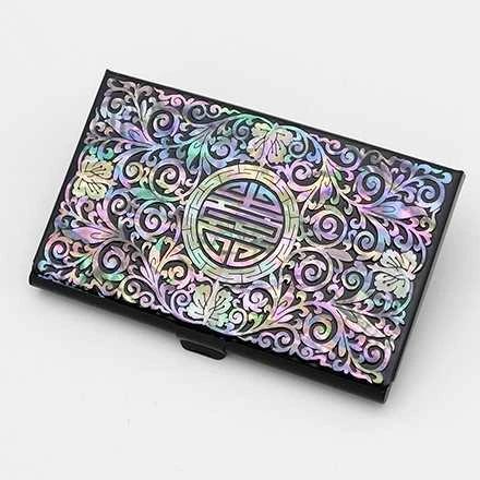 Mother-of-Pearl Inlaid Lacquer Business Card Case (Floral Pattern, Purple)
