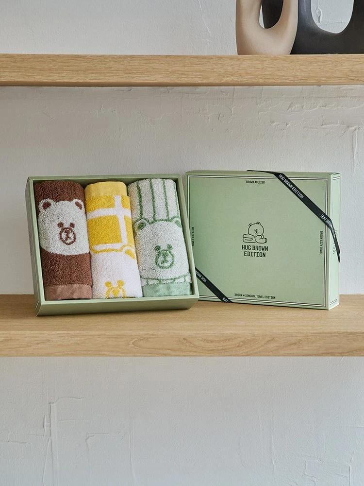 LINE FRIENDS with SONGWOL BROWN BASIC Hand Towel 3P Set (Brown, Green, Yellow)